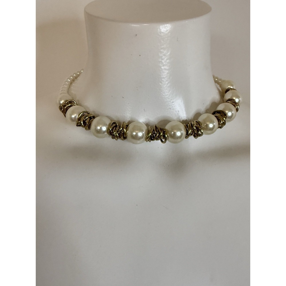 Faux Pearl Choker Necklace Bridal‎ Head Piece Antique Gold Tone Vintage One Size - Picture 8 of 16